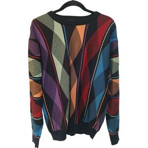 FX Fusion Mens Size XL  Multicolor On Black Sweater Round Neck Long Sleeve Bold
